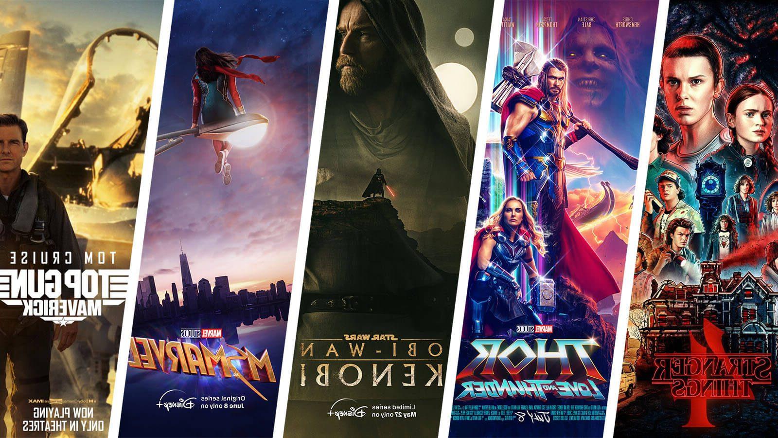 Movie posters for 'Stranger Things 4', 'Thor', 'Obi-Wan Kenobi', 'Ms. Marvel', and 'Top Gun: Maverick'.