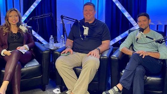 Skylar Richards, Dr. Shawn Stafford, and Dr. Haifa Maamar sit in a recording studio. They each have a microphone in front of them.