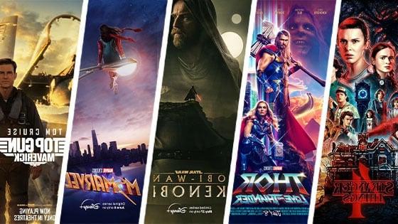 Movie posters for 'Stranger Things 4', 'Thor', 'Obi-Wan Kenobi', 'Ms. Marvel', and 'Top Gun: Maverick'.