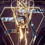 A graphic of an Emmy statuette in front of the number 75. Emmys is written in gold on the right side. 背景是深蓝色的.